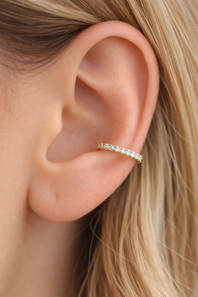 Mu Minamu İnce Taşlı Earcuff Sıkıştırma Kıkırdak Küpesi