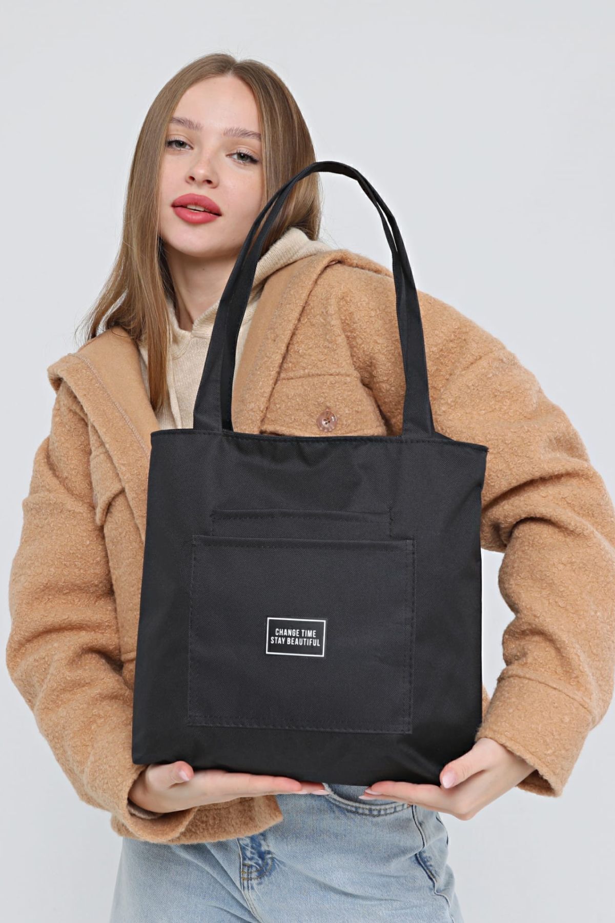 Axebag Siyah Kanvas Kumaş Fermuarlı 2 Ön Cepli Bez Çanta