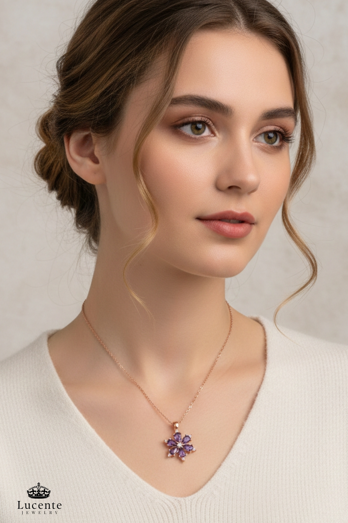 Lucente Jewellery 925 Ayar Aşk Şans Bolluk Bereket ve Zarafetin Simgesi Rose Gold Ametist Taşlı Lotus Kararma Karşıtı Rodyum Gümüş Özel Gün Hediyesi 45 Cm Zincirli Mor Lotus Çiçeği Küpe Hediyeli Şık Kadın Kolye görsel 2