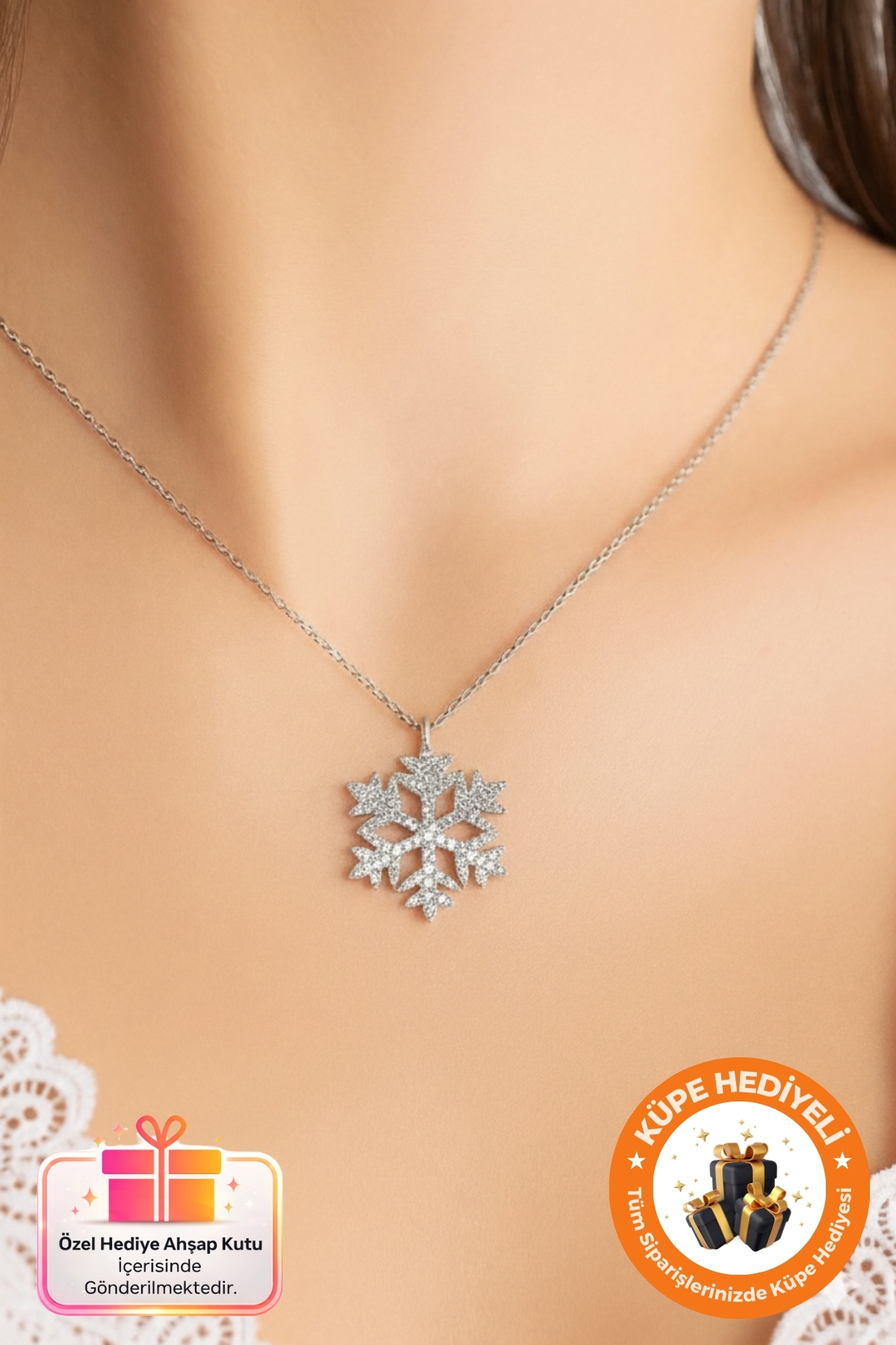 Lucente Jewellery 925 Ayar Kar Tanesi Hediyelik Özel Gün Hediyesi 45 Cm Zincirli Kararma Karşıtı Rodyum Güçlendirmeli Gümüş Yeni Başlangıçlar Saflık Güzellik ve Zarafetin Simgesi Beyaz Taşlı Kartanesi Şık Kadın Kolye