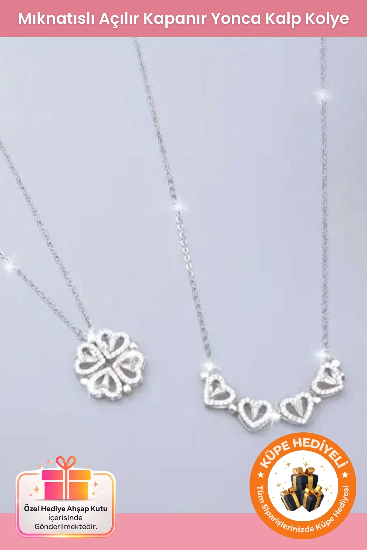 925 Carat Magnet Retractable Heart Clover Silver Plated Luck Abundance Gift Design Necklace