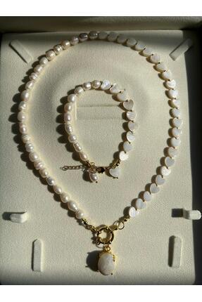 eyla collection Gerçek İnci & Doğaltaş Kadın Takı Seti – Kolye & Bileklik (45...