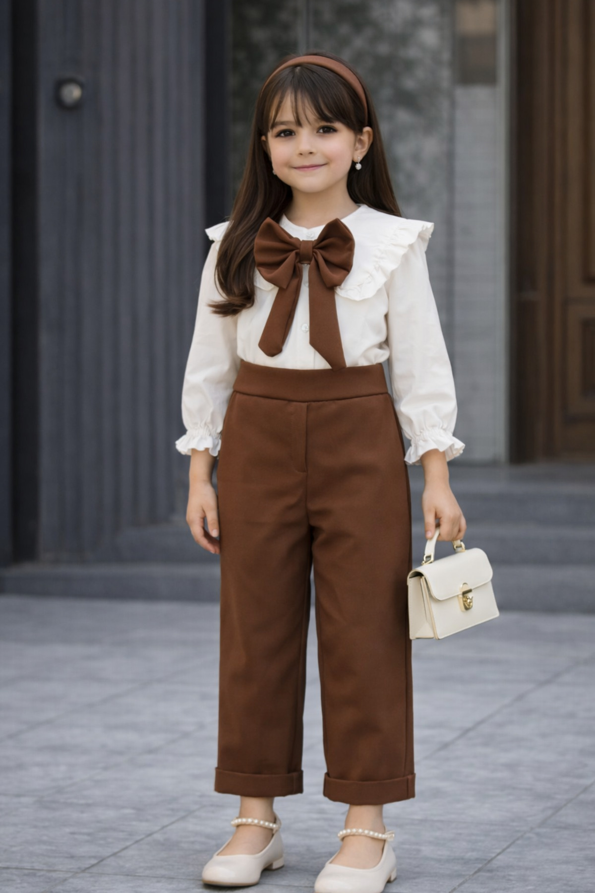 KOKOŞ BEBEK Kız Çocuk Klasik Şık 3’lü Pantolon Gömlek Takımı – Kurdele Broşlu - 2/10 Yaş - 31633 fotoğrafı 3 (önizleme)