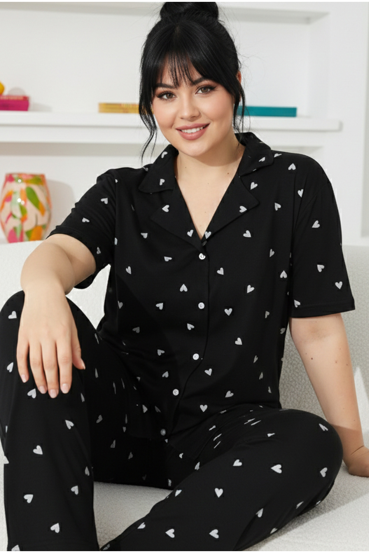 Black Heart Patterned Curve Plus Size Cotton Pajamas Set with Short Sleeve Button