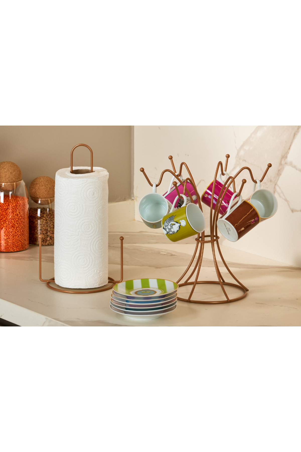2-Piece Rose Kitchen Organizer Set Paper Towel Holder and 6-Hook Cup Hanger Stainless Metal