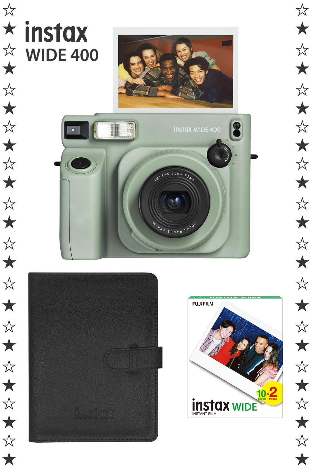 Fujifilm Instax Wide 400 Yeşil Fotoğraf Makinesi 20'li Film Eva Çanta Kıskaç ve Deri Albüm Hediye Seti