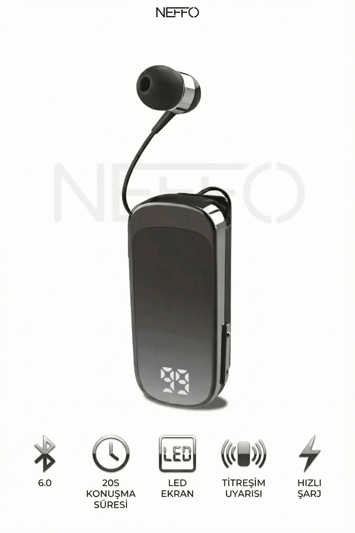 NEFFO Makaralı Kulaklık Bluetooth 6.0 | 20 Saat Konuşma | Dijital Ekran | Titreşimli | Hızlı Şarjlı
