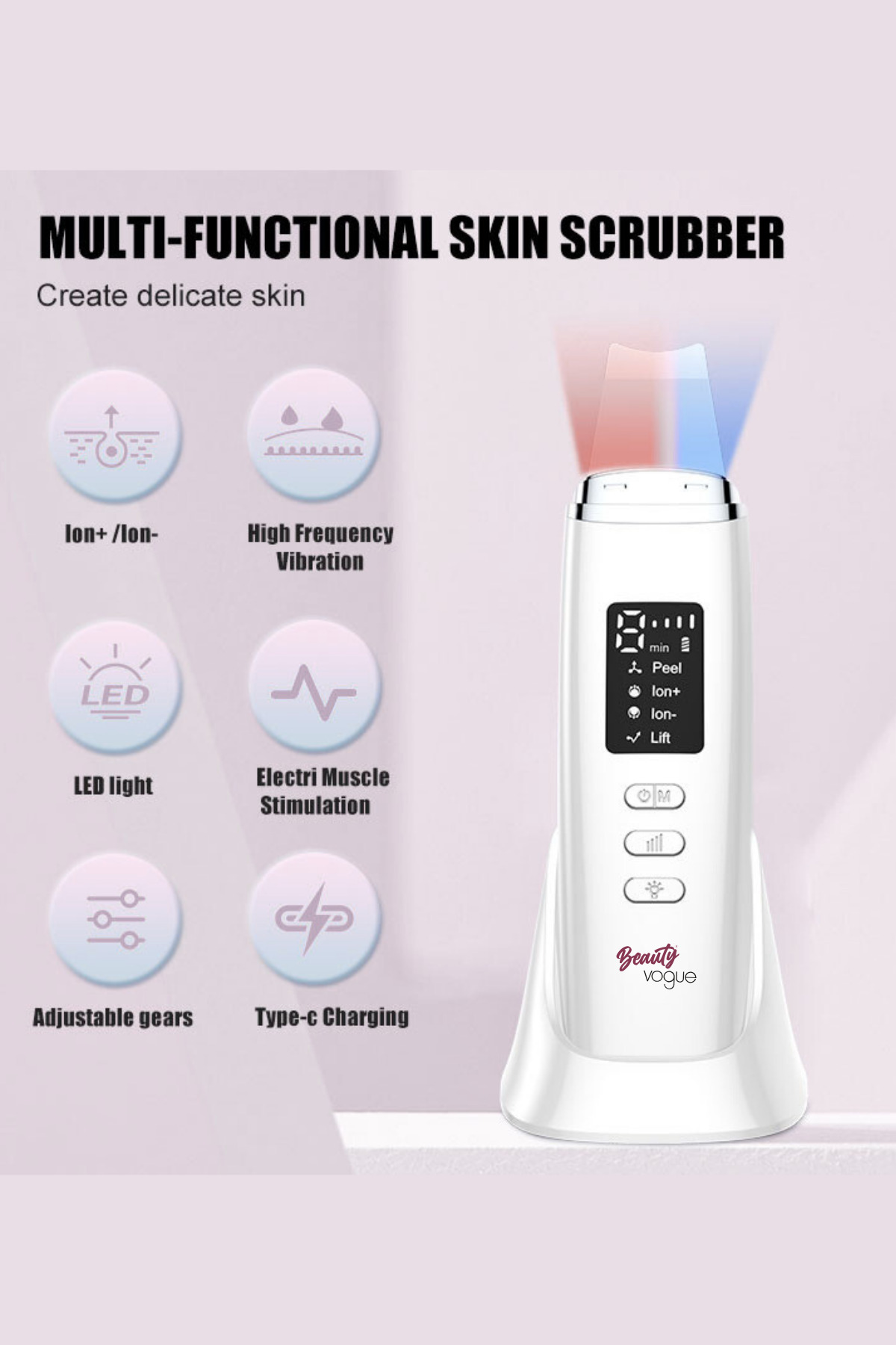 C6 Şarj Standlı Ultrasonik Cilt Temizleme Cihazı - Siyah Nokta Giderici & LCD Ekranlı Scrubber - Spatula - Cilt bakım Cihazı - Led Işık Terapili — سفید YNGC6197436 — تصویر 3 از 8
