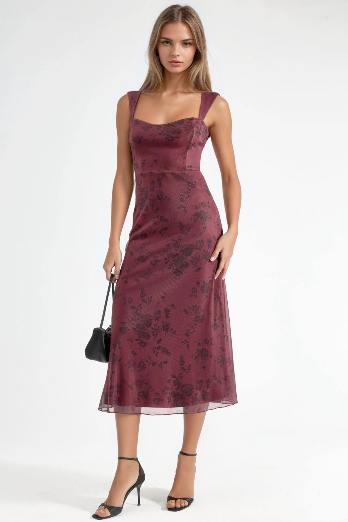 Floral Patterned Heart Collar Midi Dress