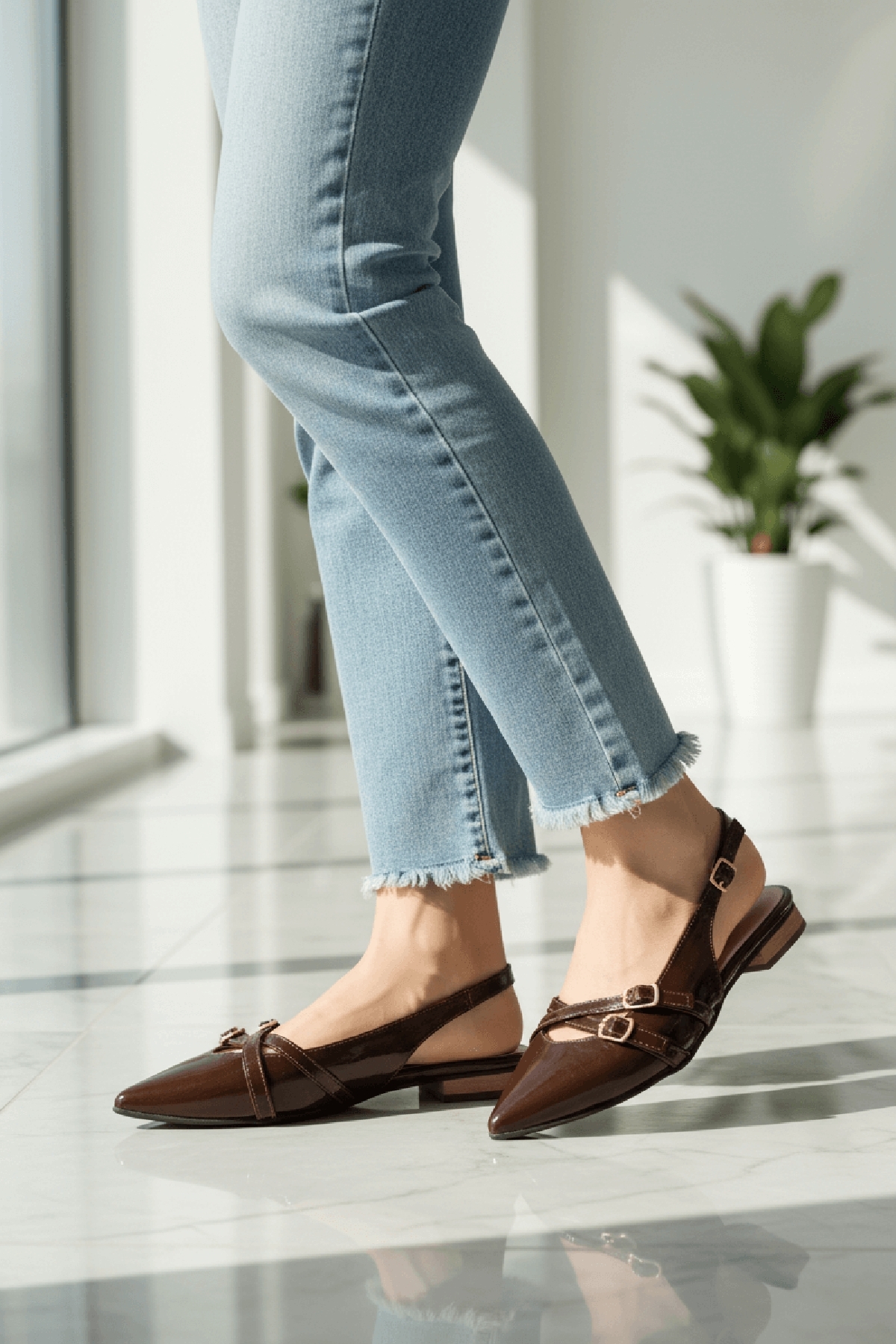 DİVOLYA  Pably Kahve Kırışık Rugan ( 2 cm Topuklu ) Sivri Burun Ayakkabı - Görsel 2