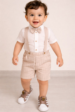 Mika Bebek & Çocuk Bej Çizgili Kumaş Keten Gömlek Erkek Bebek Papyonlu Yazlık...