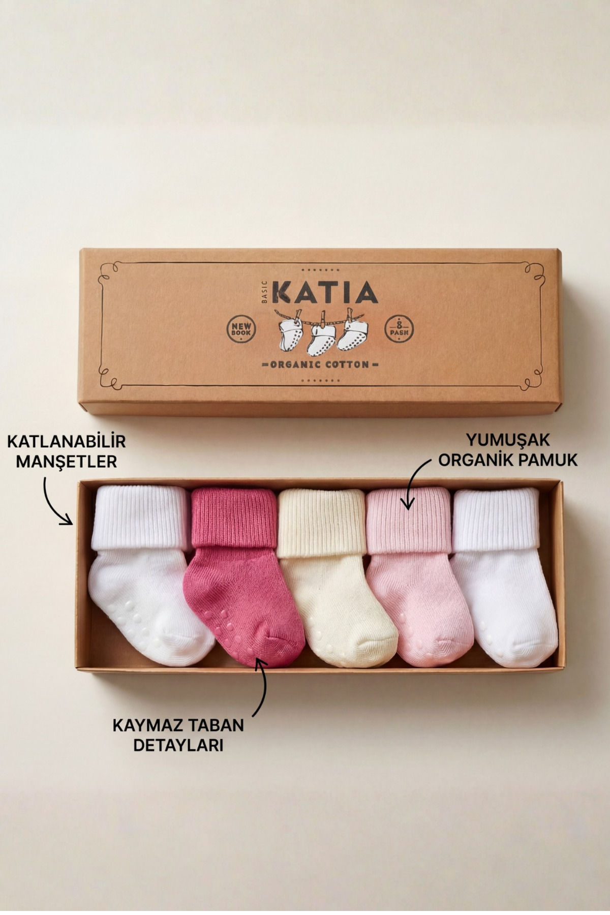 Katia & Bony Yenideoğan 5'li Organik Bebek Soket Çorap Pembe-Beyaz fotoğrafı 4 (önizleme)