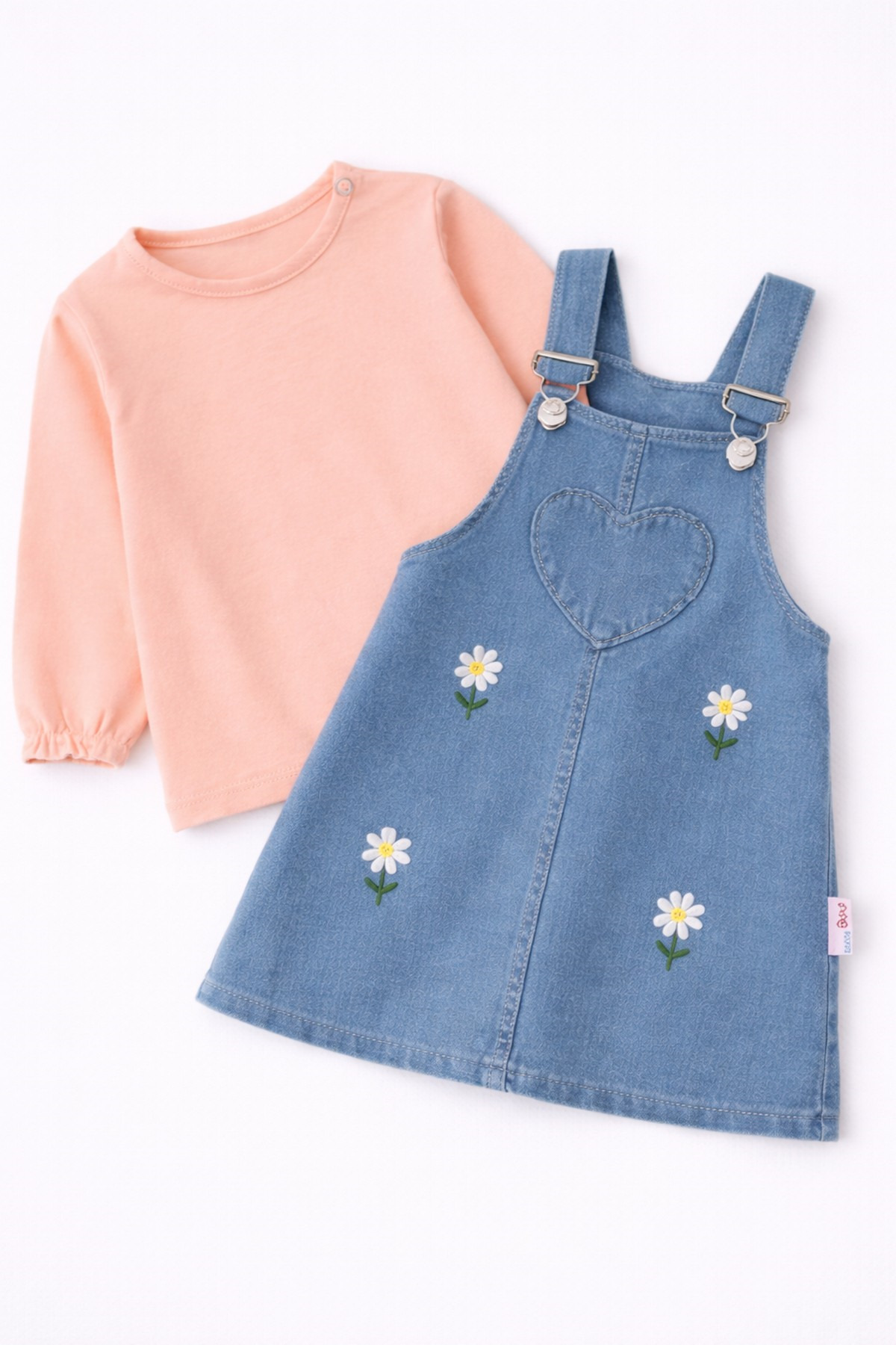 dinamik çocuk Kız Bebek Papatya Nakışlı Kalpli Esnek Kot Görünümlü Jile & Uzun Kollu Badi Takımı– 2'li Set 6Ay–2ya fotoğrafı 4 (önizleme)