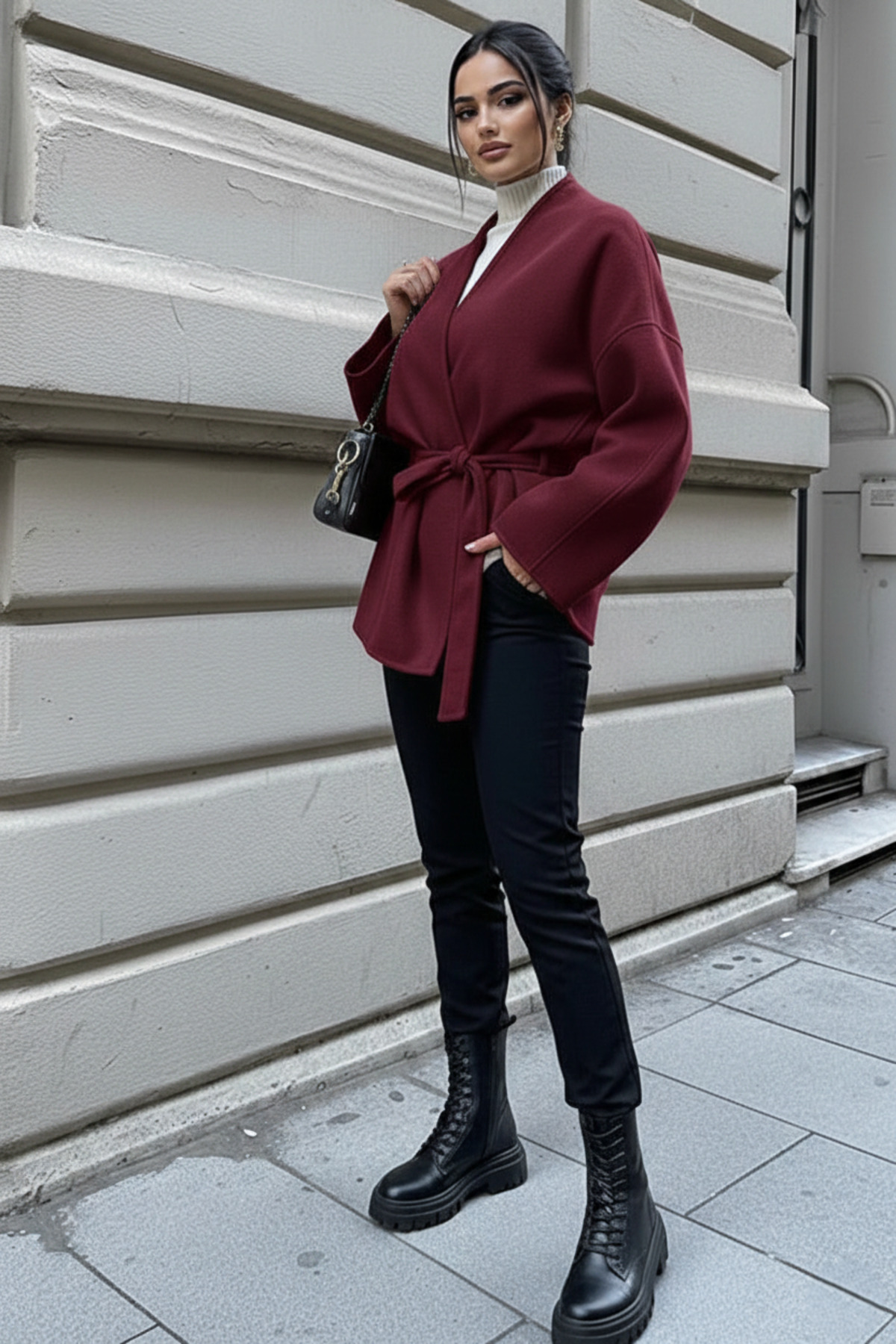 ALFUDO Moda Collection  Bordo Bağlama Detaylı Rahat Kalıp Kaşmir Hırka/Ceket - Görsel 3