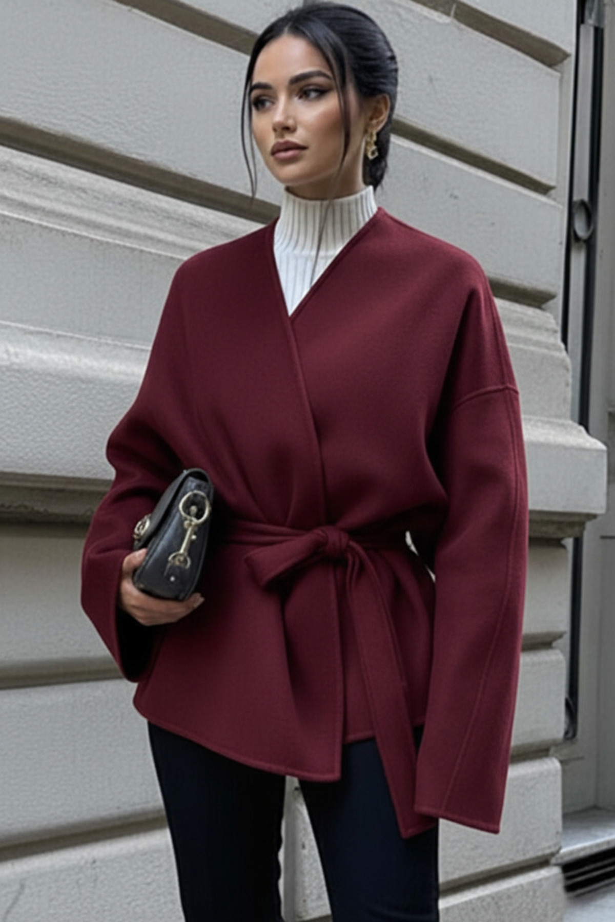 ALFUDO Moda Collection  Bordo Bağlama Detaylı Rahat Kalıp Kaşmir Hırka/Ceket