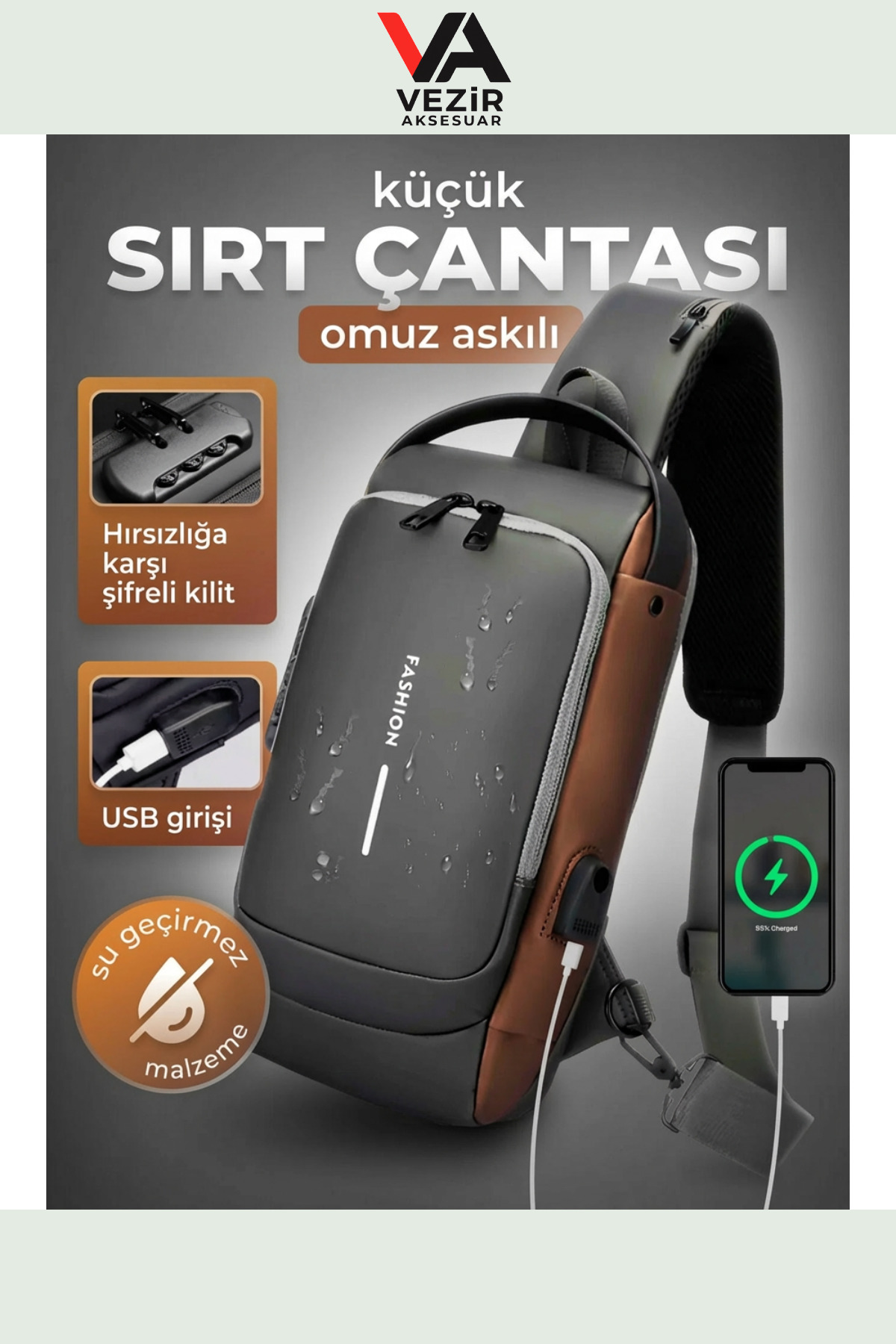 FASHION  USB Şarj Portlu Şifreli Kilitli Su Geçirmez Omuz & Göğüs Çantası | Unisex Şık Tasarım TRY990288