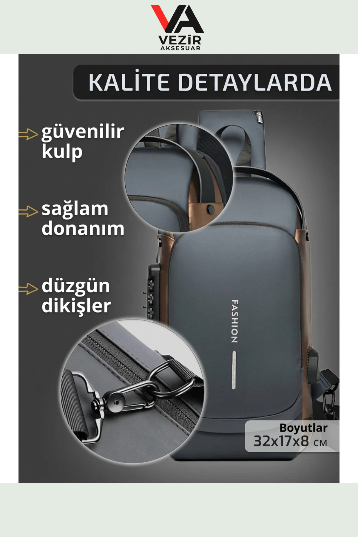 FASHION  USB Şarj Portlu Şifreli Kilitli Su Geçirmez Omuz & Göğüs Çantası | Unisex Şık Tasarım TRY990288 - Görsel 3