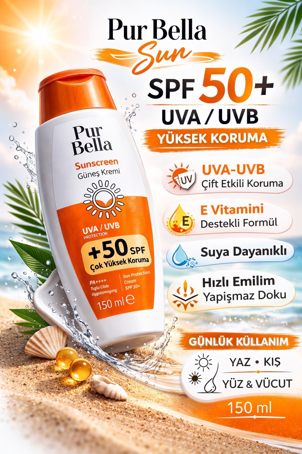 Sun SPF 50+ Güneş Koruyucu Krem 2’li 150 ml UVA UVB PA++ — 1000111 — تصویر 2 از 5