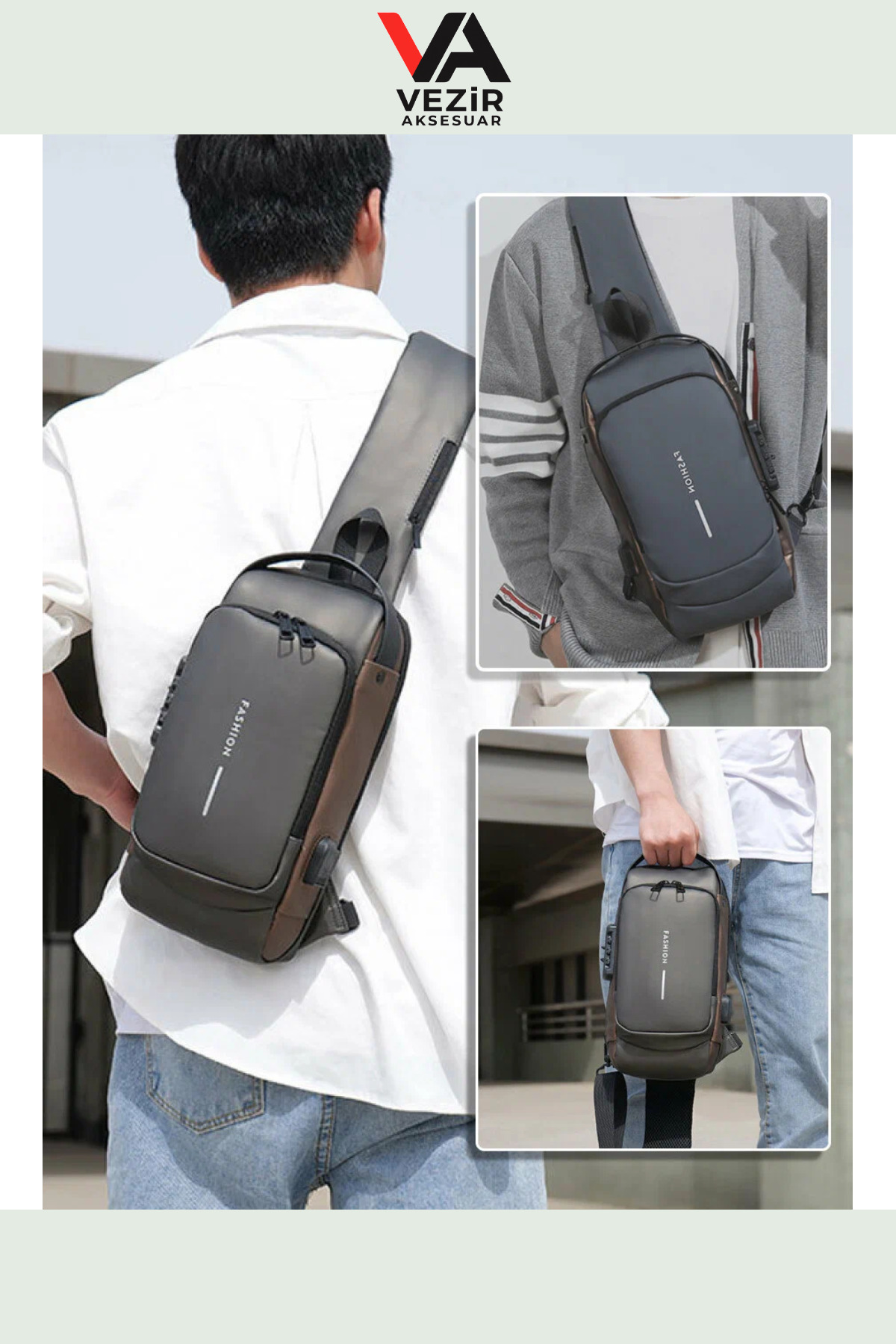 FASHION  USB Şarj Portlu Şifreli Kilitli Su Geçirmez Omuz & Göğüs Çantası | Unisex Şık Tasarım TRY990288 - Görsel 9