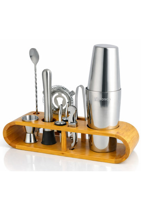 vosco 10 Parça Avantajlı Kokteyl Seti – Ahşap Standlı Boston Shaker (750 ml)