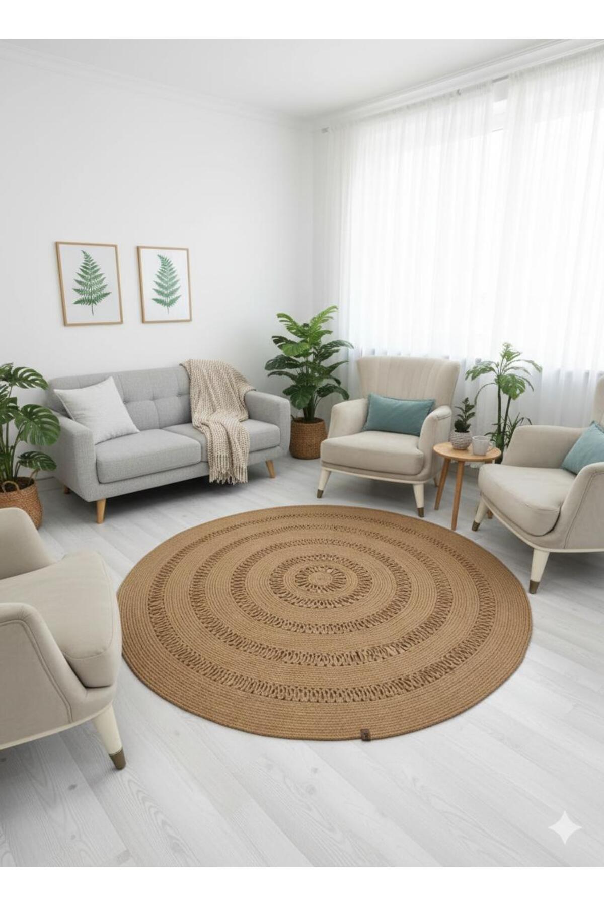 jute Wicker Look Patterned Modern Handmade Circle Carpet Rug