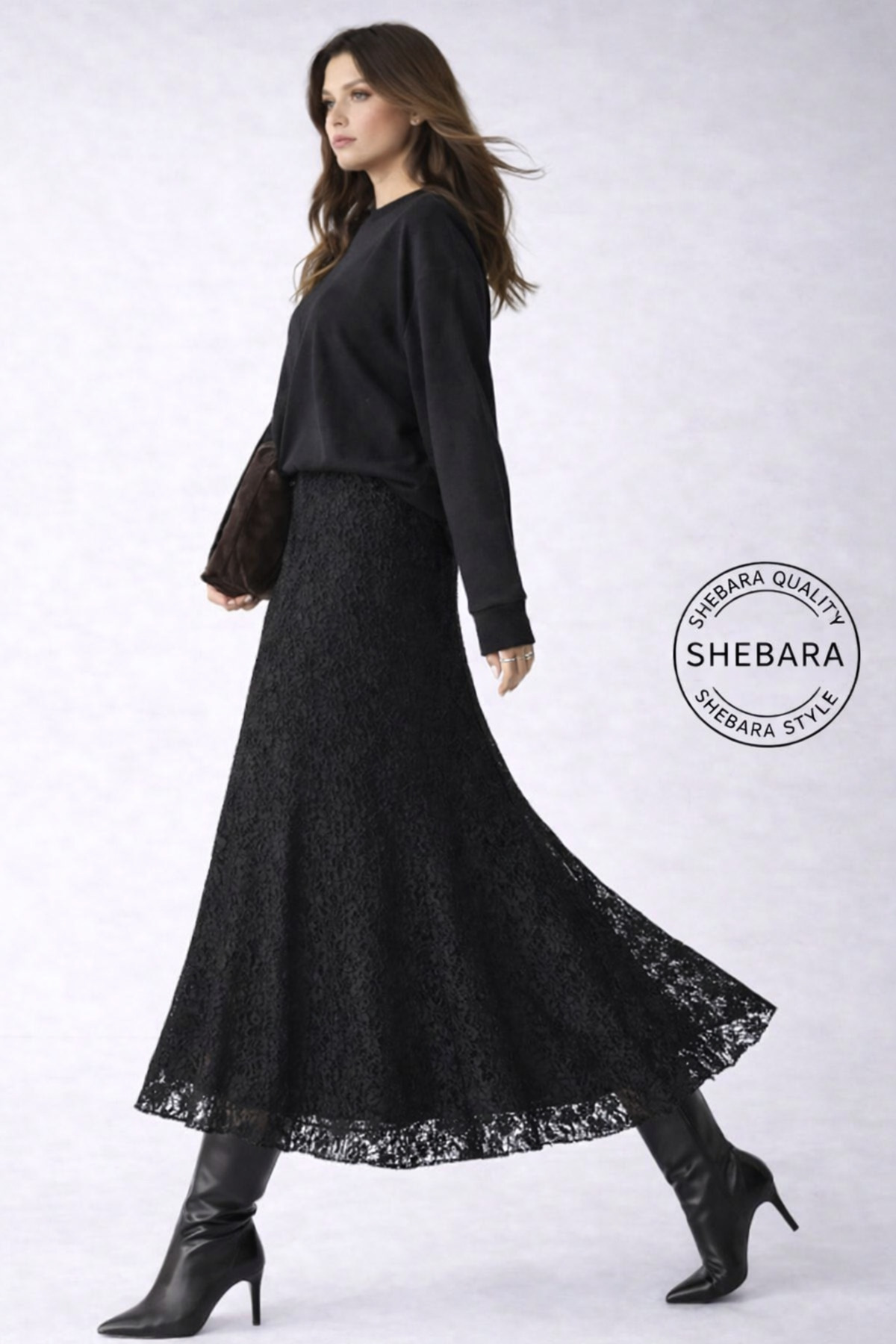 SHEBARA  Dantel Yüksek Bel Lastikli Rahat Etek - Görsel 3