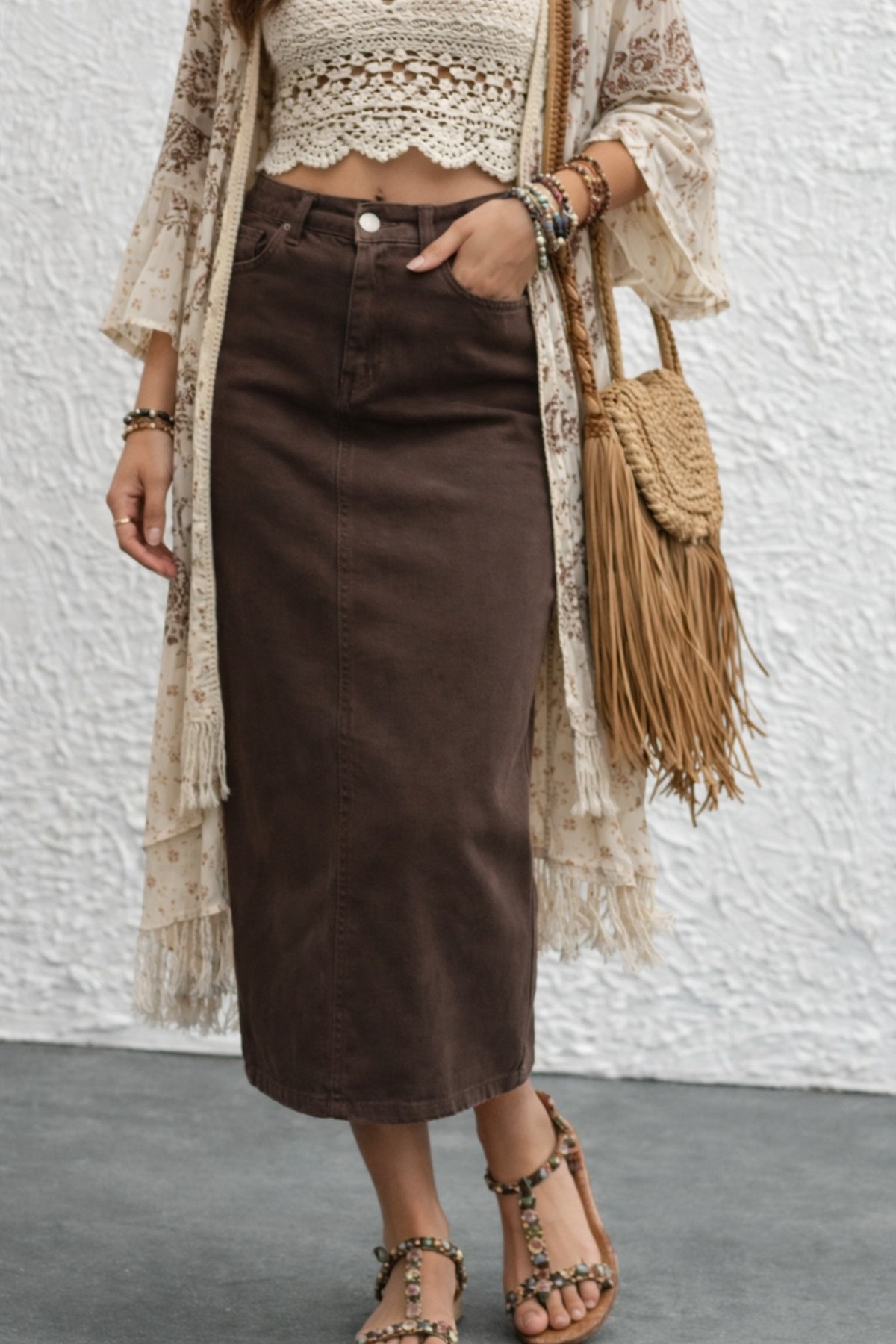 Dema  Kadın Pamuklu Kahverengi Denim Etek