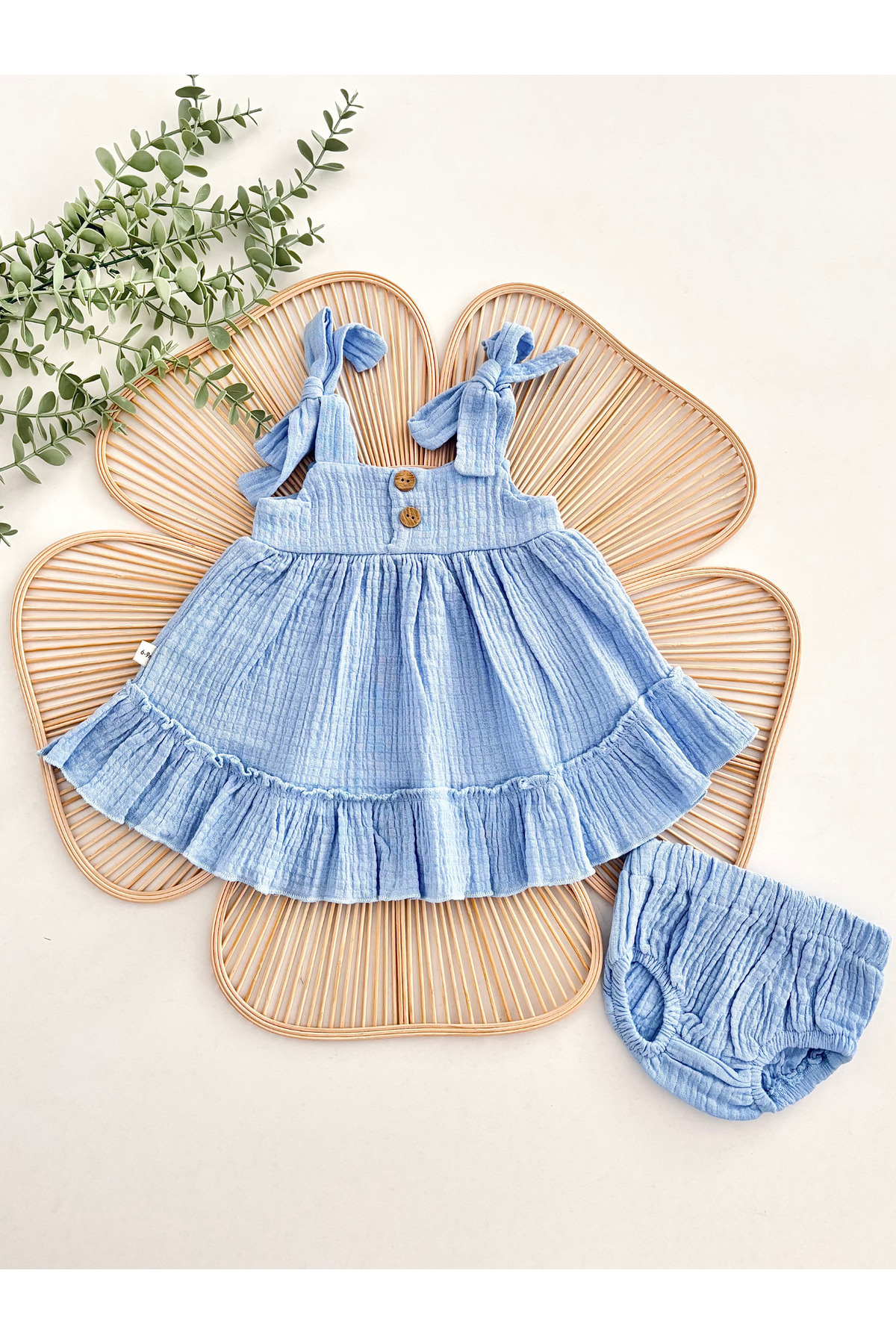 Jammybaby Ema %100 Pamuk Müslin Kız Bebek Külotlu Yazlık Askılı Elbise Bandana Takım