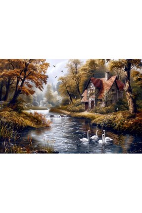 Aden DİJİTAL MANZARA DEKORATİF AKARSU ÖRDEKLER VE EV KANVAS TABLO