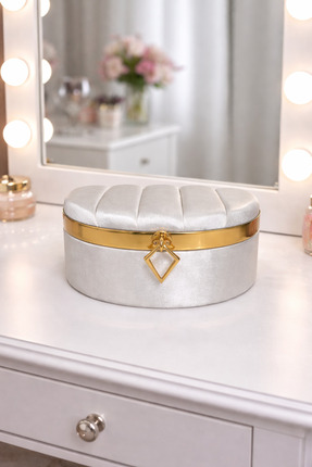 EL-MAR HOME Beyaz Kadife Gold Detaylı Oval Takı Kutusı-Sandık