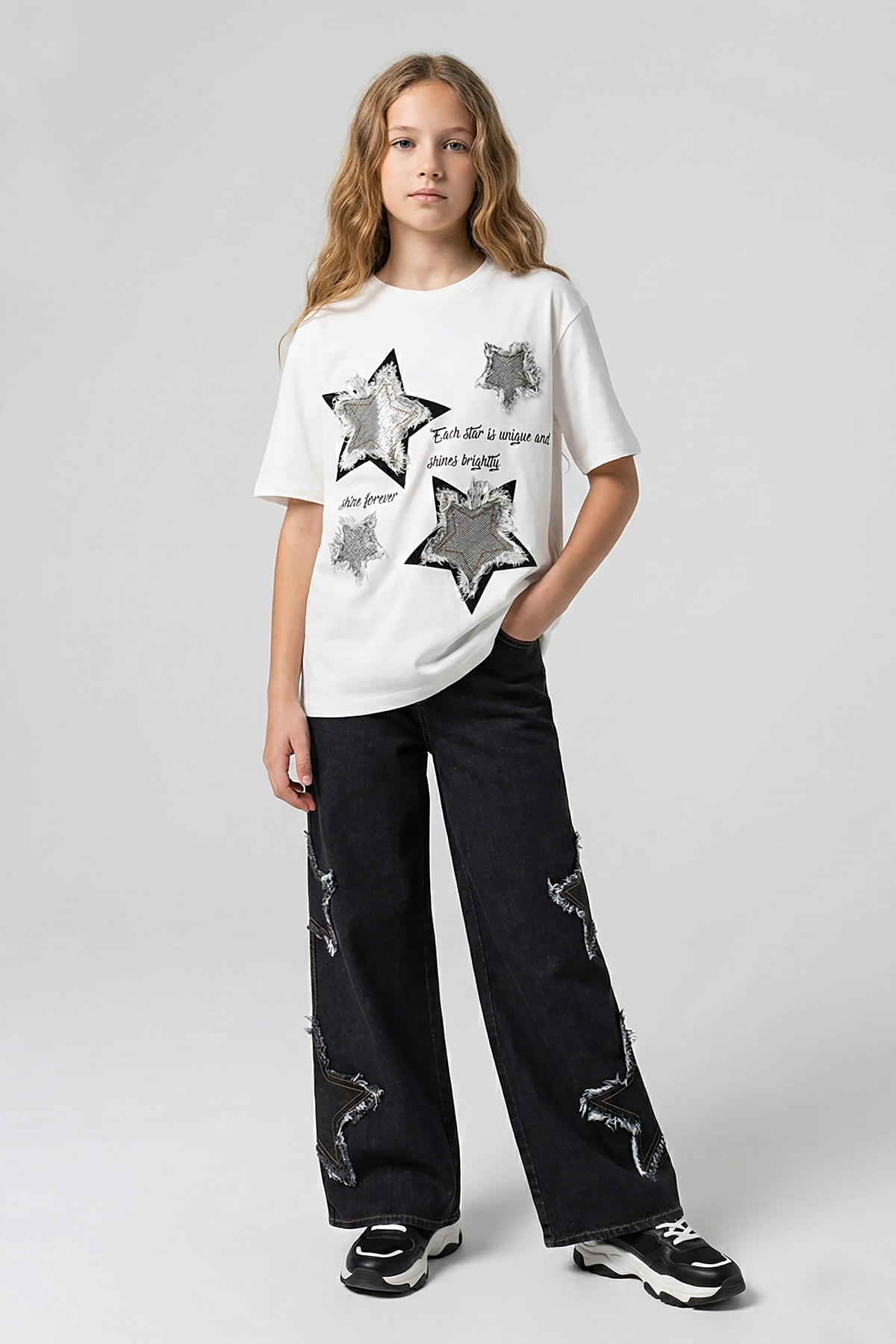 Girls Star Applique Wide Leg Jeans