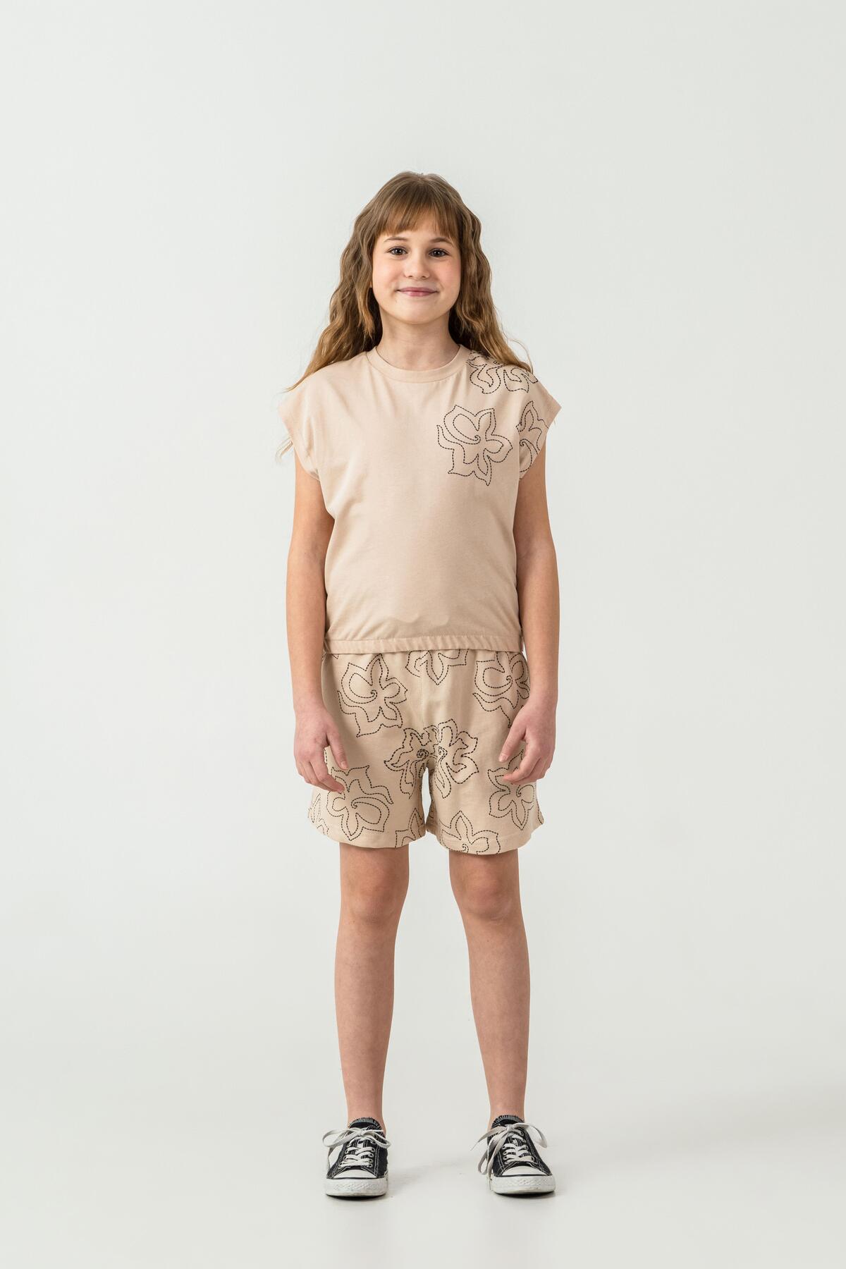 Upper Left Shoulder Printed Bottom Whole Area Printed Girls Shorts - T-Shirt Set