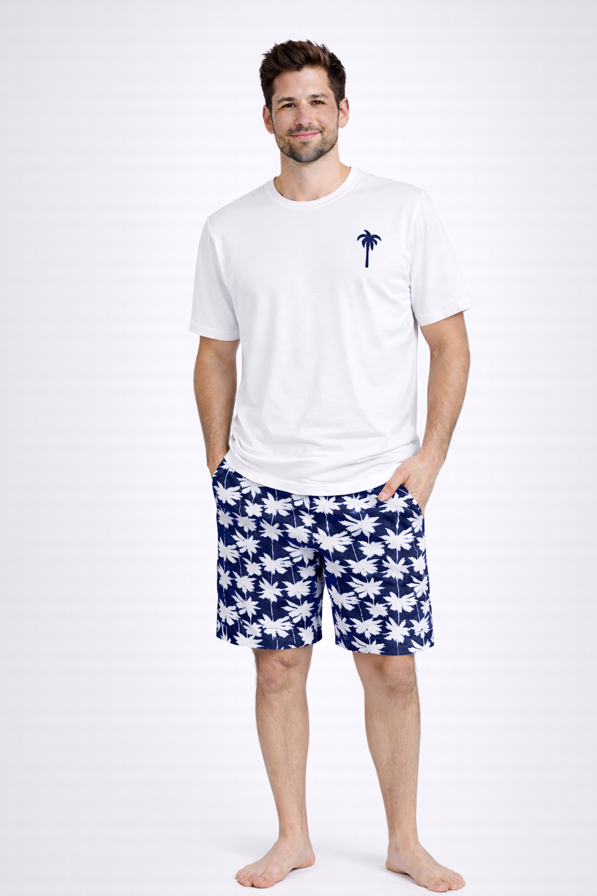 koza iç giyim  Erkek Pamuklu Kısa Kollu Palmiye Desenli Cepli Şortlu Pijama Takımı - Görsel 2
