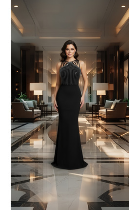 Baskio Kadın Çok Askılı Taş İşlemeli Balık Kesim Krep Maxi Elbise – Şık ve Za...