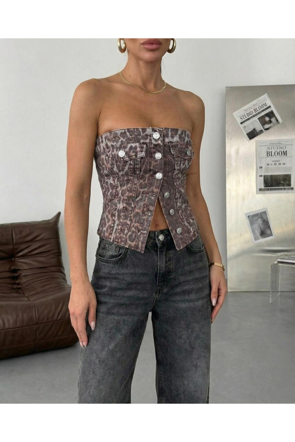 HerTon  Kadın %100 Pamuk Denim Büstiyer – Straplez Düğmeli Modern Crop Top - Görsel 4