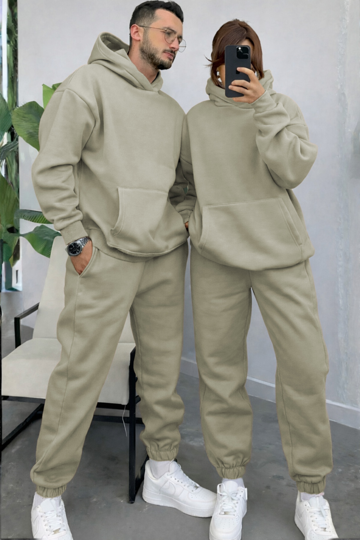 Women Men Trend Model 3 Thread Oversize Winter Thick Tracksuit for Couples (SINGLE)
