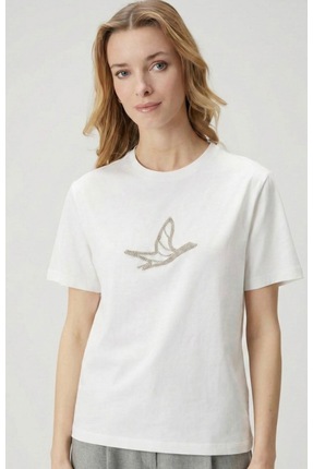 LUMİ Taş İşlemeli Kuş Detaylı Basic T-Shirt | Siyah &Beyaz | Premium Seri