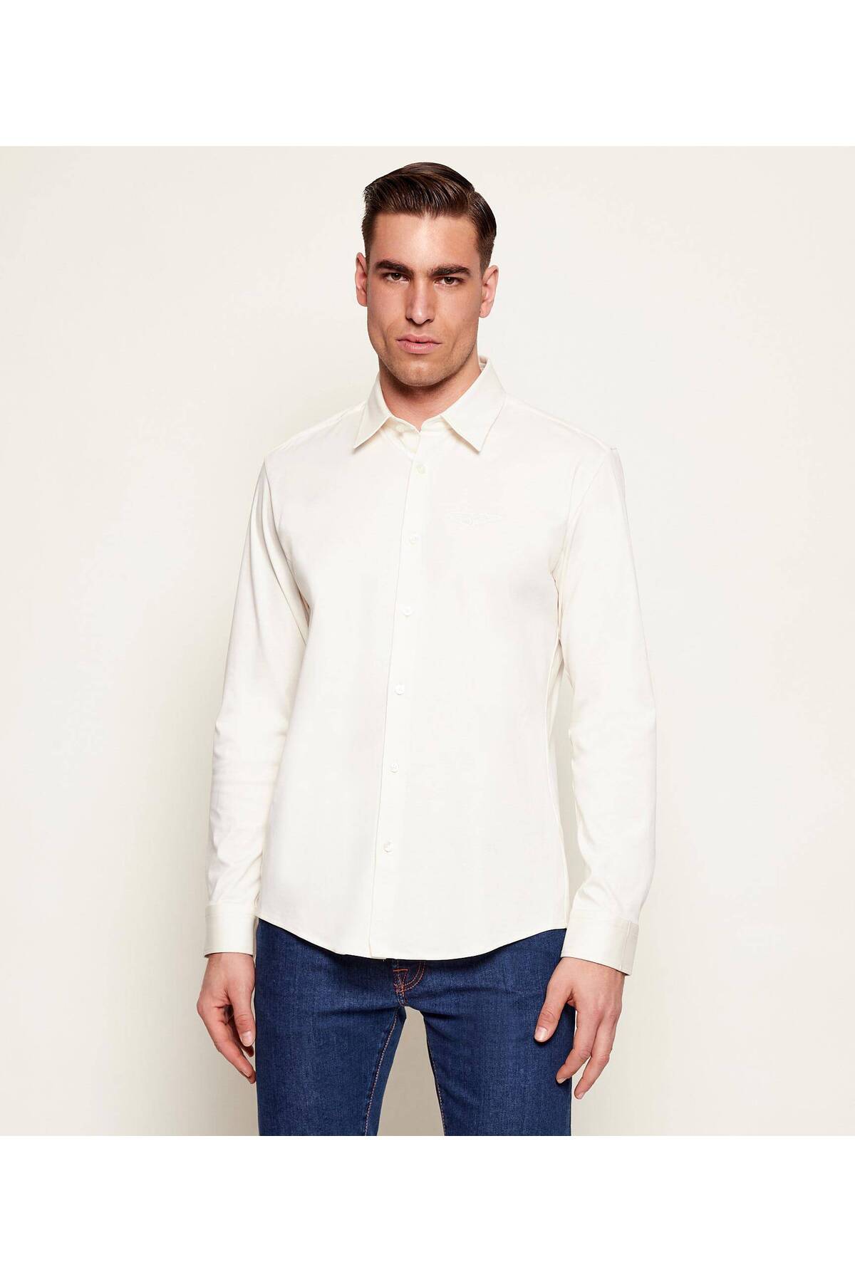 باس پیراهن مردانه آستین بلند نخی گلدوزی شده با لوگو اسلیم فیت، کد ۵۰۵۵۷۰۹۷-۱۱۸