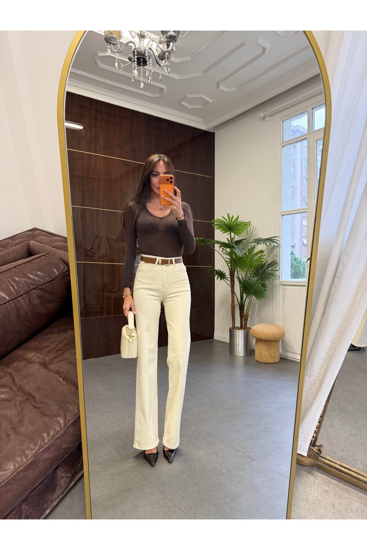 BOLESA GİYİM  Bej Yüksek Bel Kemerli Wide Leg Pantolon