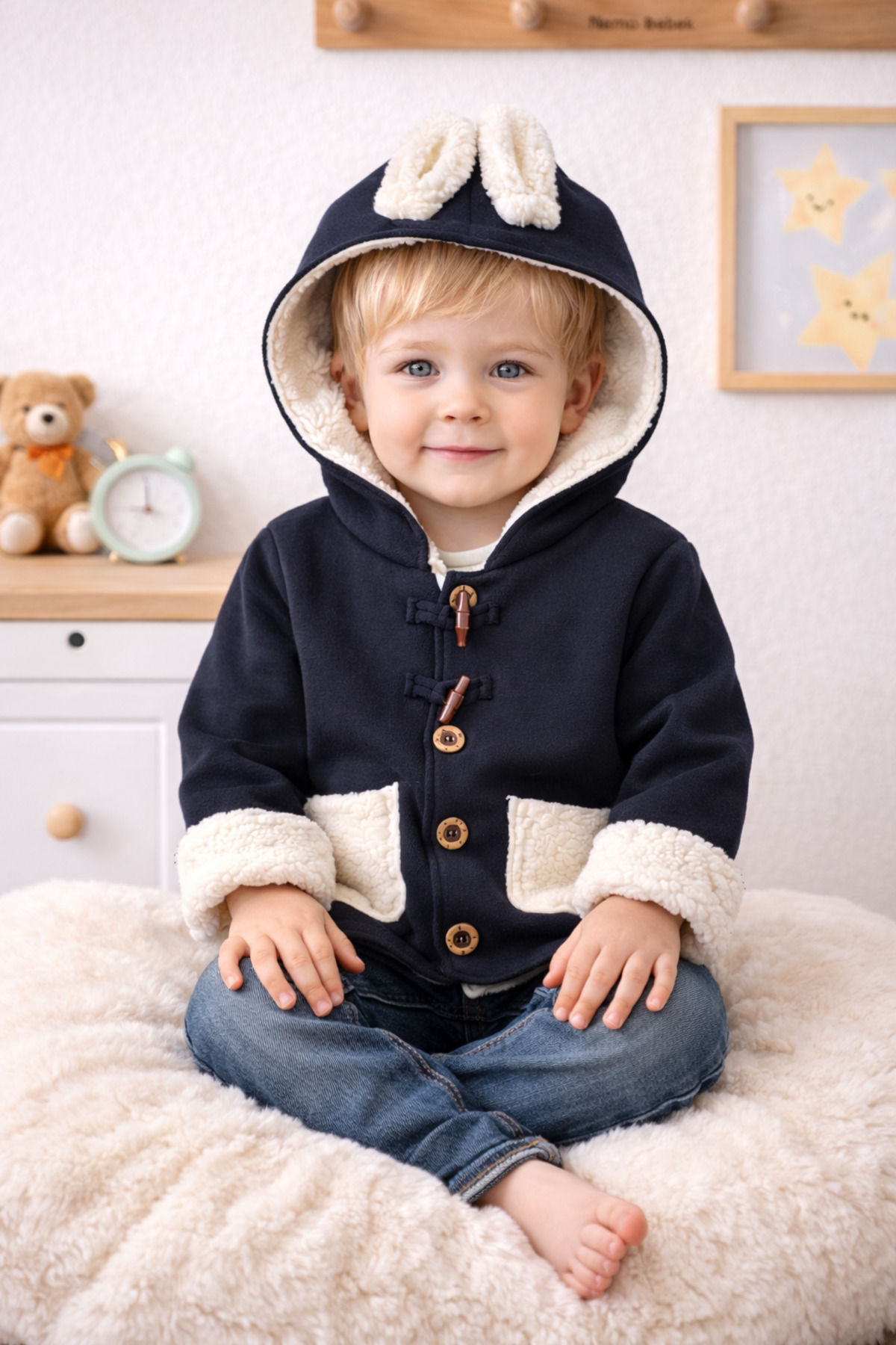 Babexi Peluş Astarlı Lacivert Kapüşonlu Bebek Hırkası – Kışlık Unisex fotoğrafı 3 (önizleme)