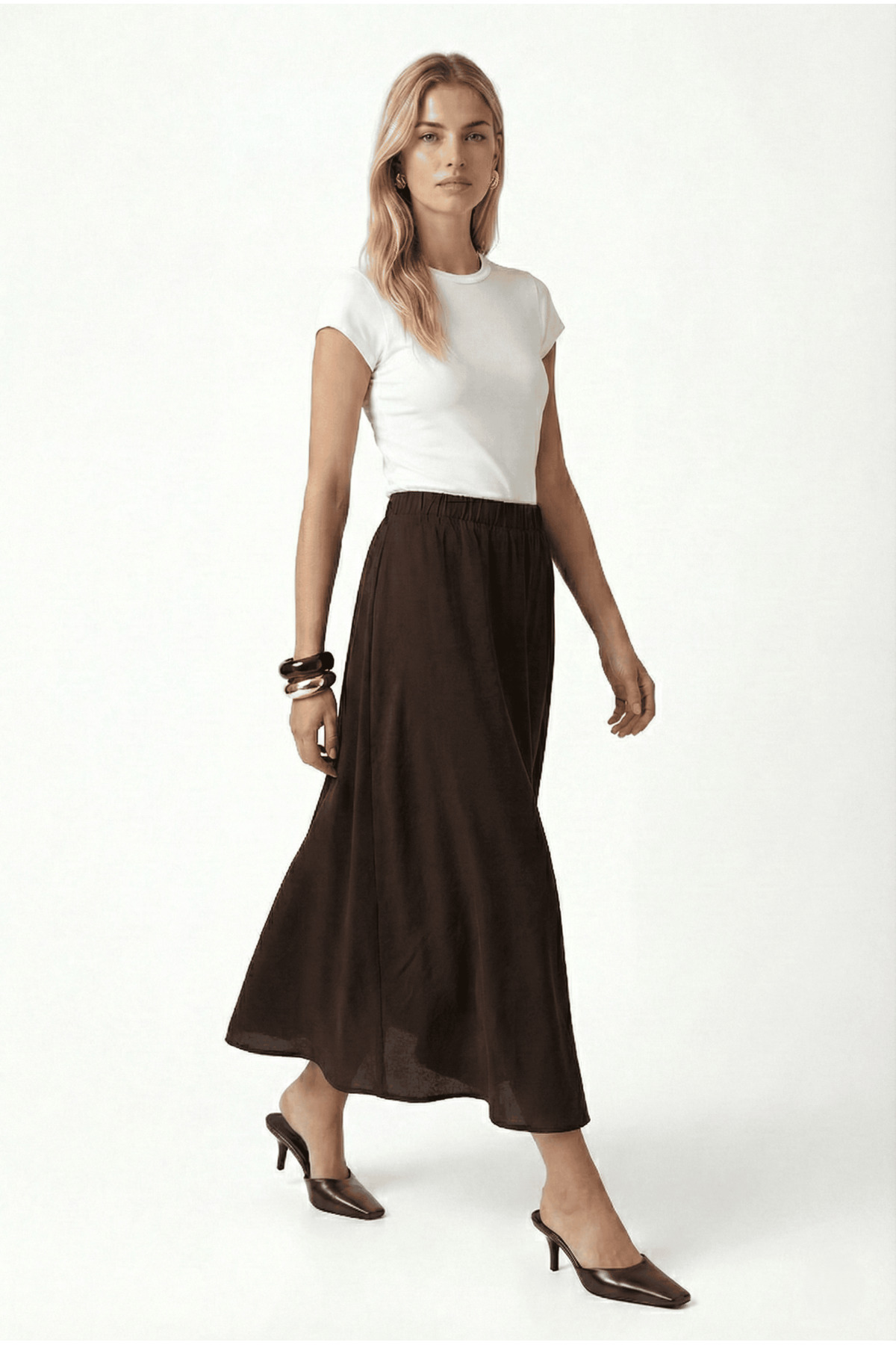 Ritnice  Kadın Becca Gloss Cepli Bel Lastikli Kahverengi Uzun Dokuma Etek