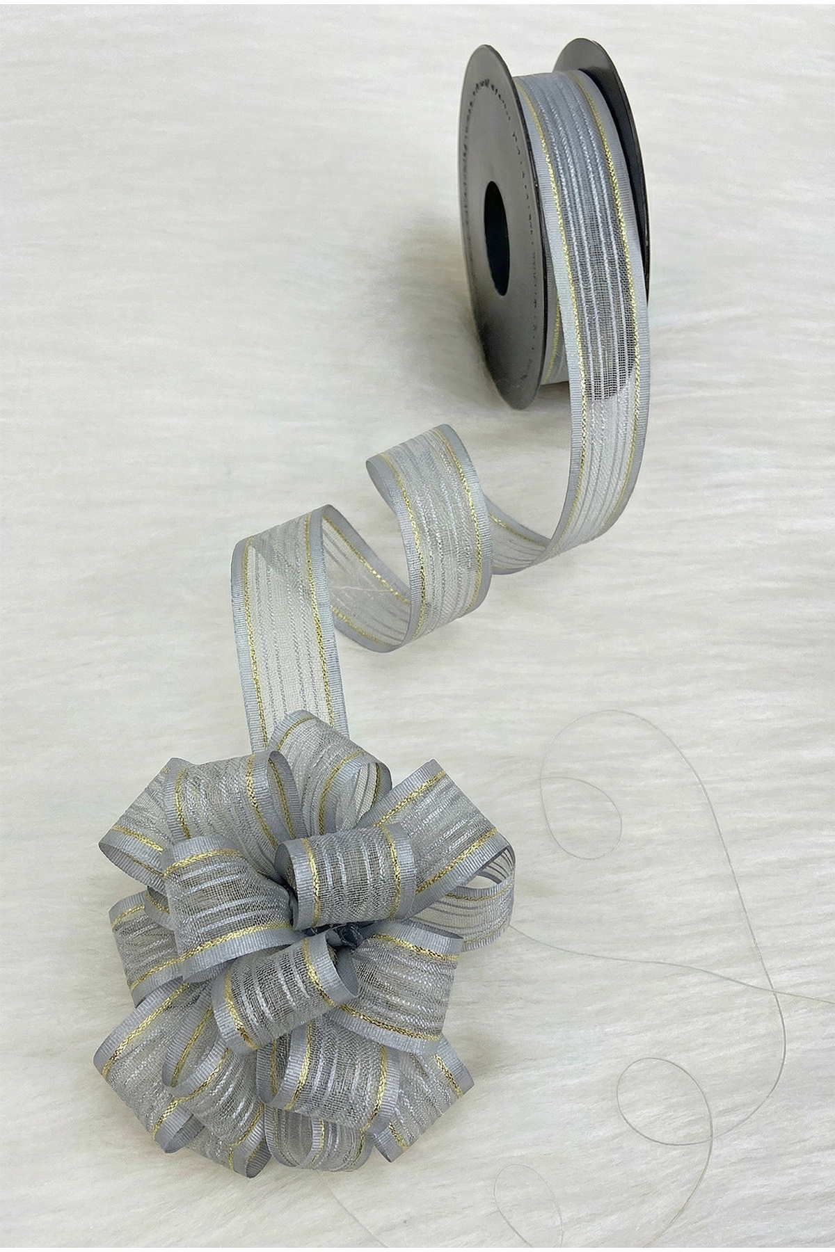 Drawable Chiffon Ribbon Gray Gold Sim 2.5cm 20mt, Bride, Bundle, Dowry, Engagement, Gift, Party, Decoration