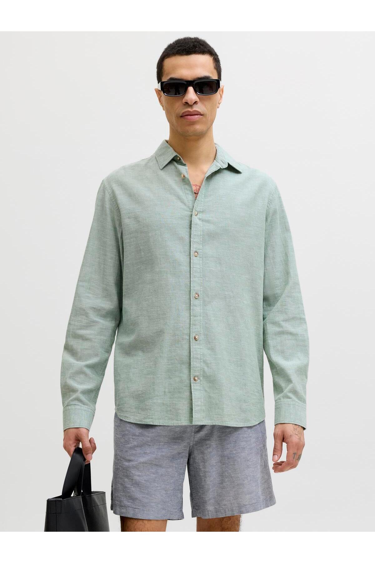 پیراهن نخی ترکیبی JJESUMMER مدل L/S SN سبز جک اند جونز پیراهن Jack & Jones