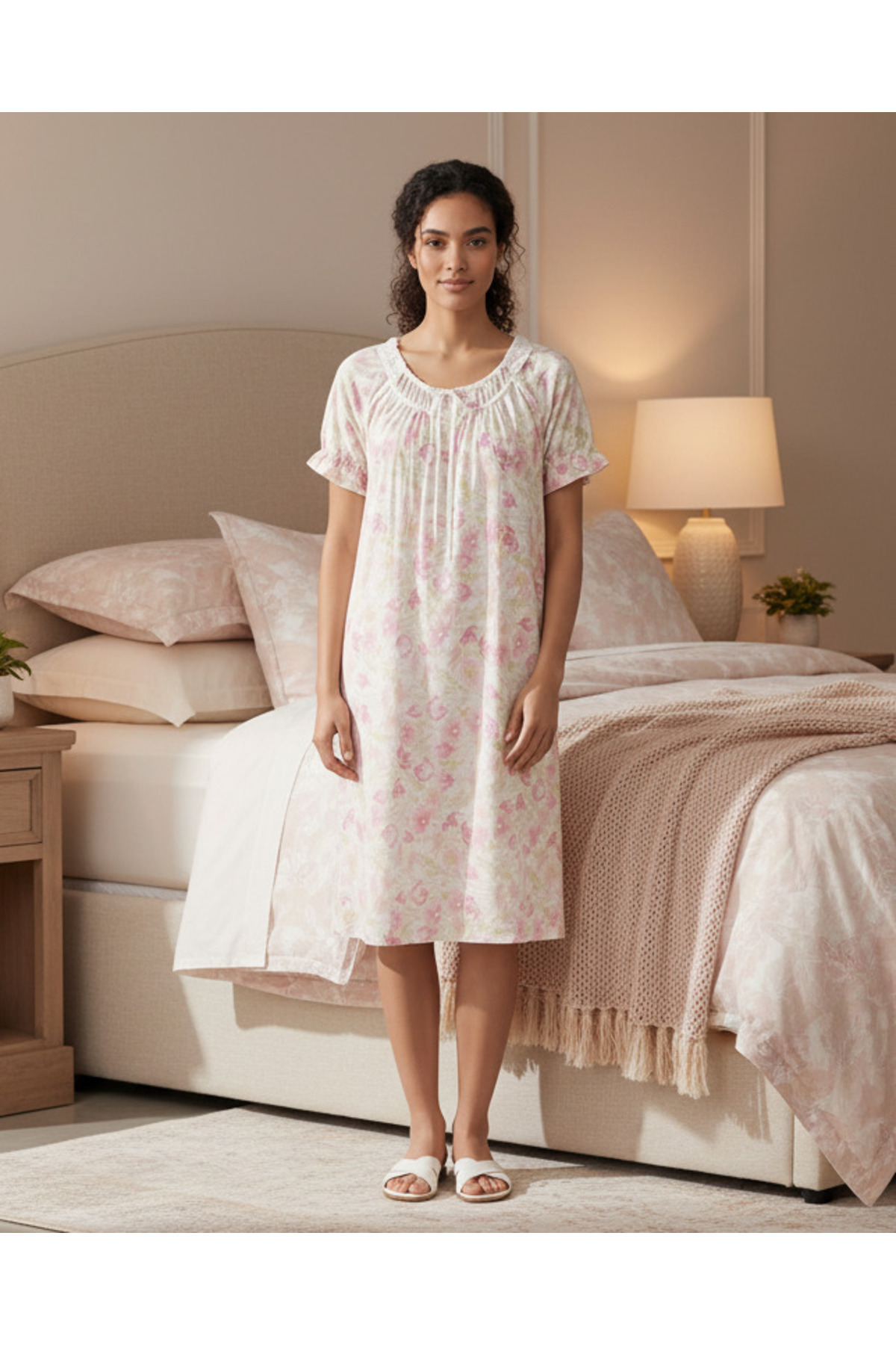 REDTAG Womens Assorted Short Sleeve Nightgown with Neck Detailing