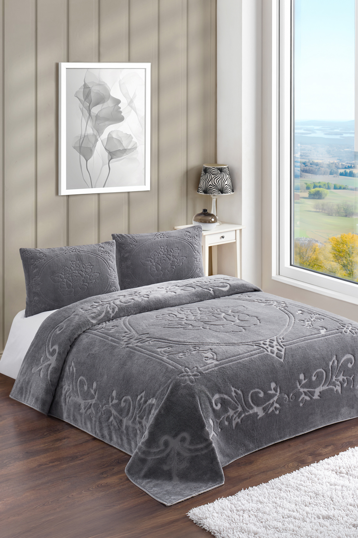 Grey Rose Bohemian Bedspread 220 X 230 Double Plush Soft Welsoft 2 Pillowcases
