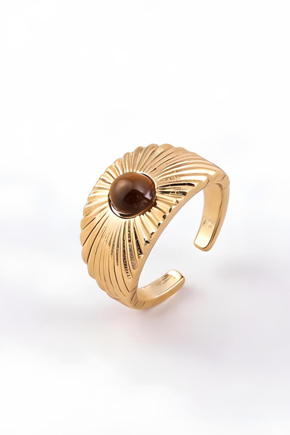 The Collection 3'lü Kombin Kahverengi Taşlı Gold Vintage Ayarlanabilir Yüzük Set görsel 6