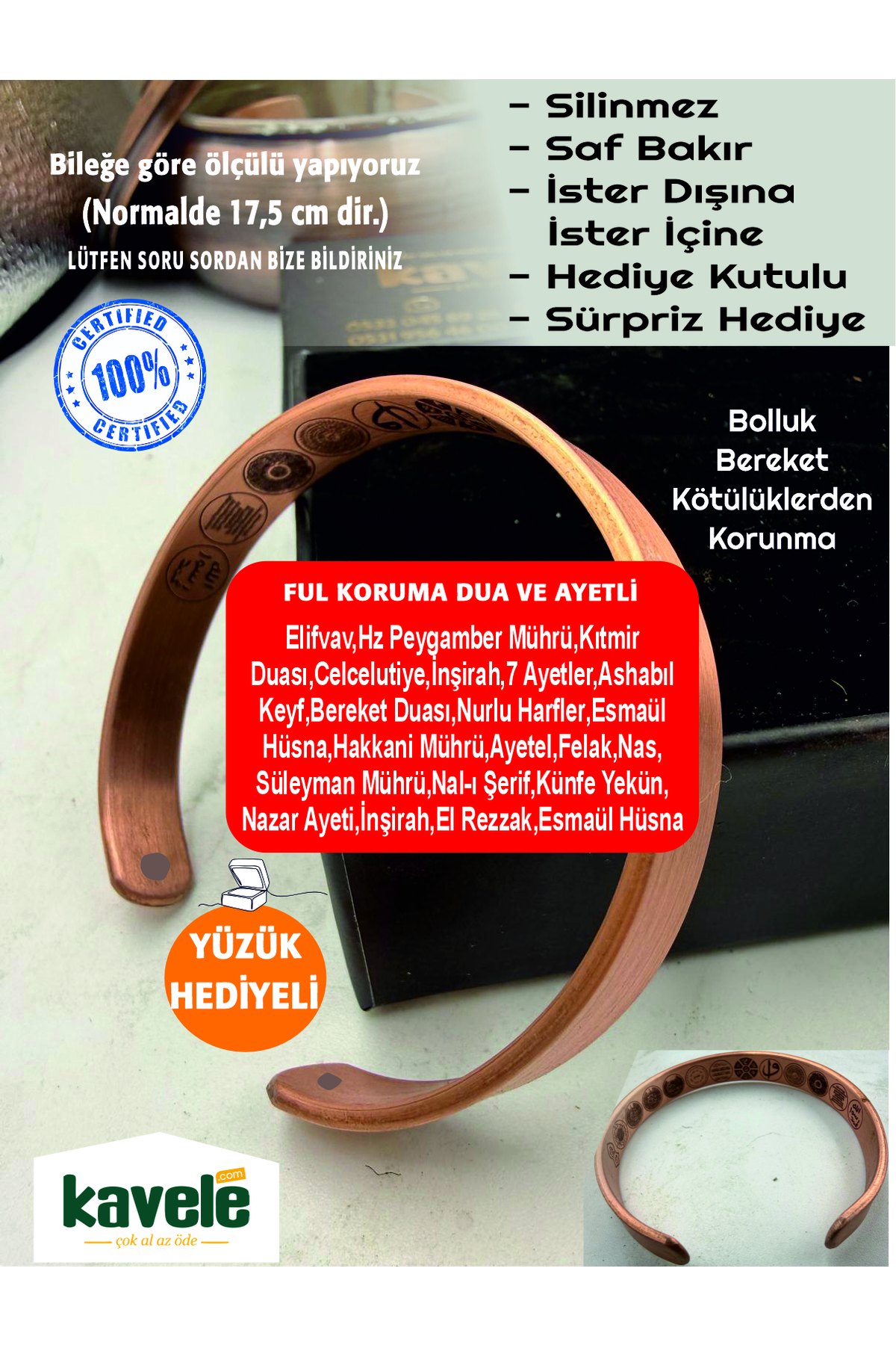 Ham saf bakır Dışı Düz İçi Ayetli Bakır Bileklik-Hediyelik Kutuda-Ayetel Kürsi,Felak,Nas,Nazar v.b