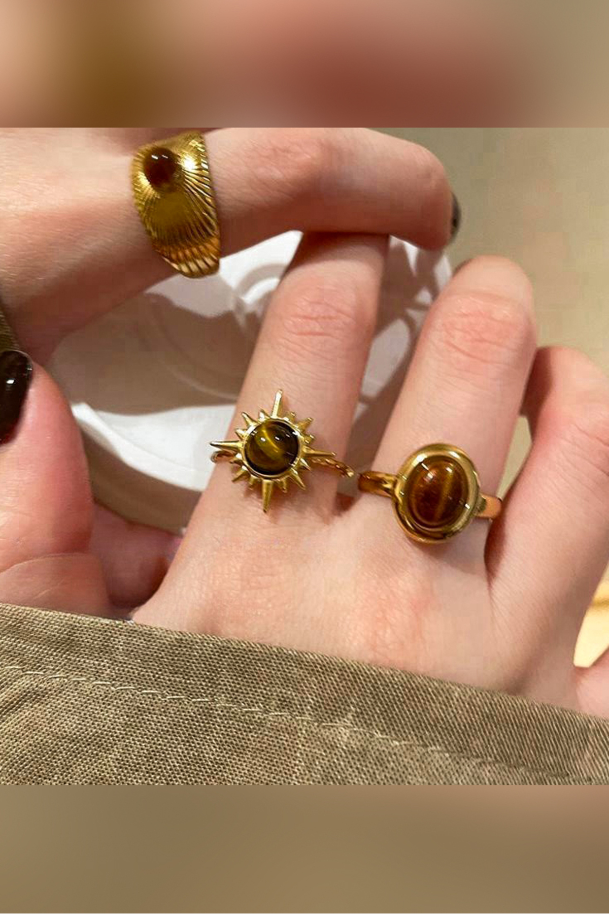 The Collection 3'lü Kombin Kahverengi Taşlı Gold Vintage Ayarlanabilir Yüzük Set görsel 2