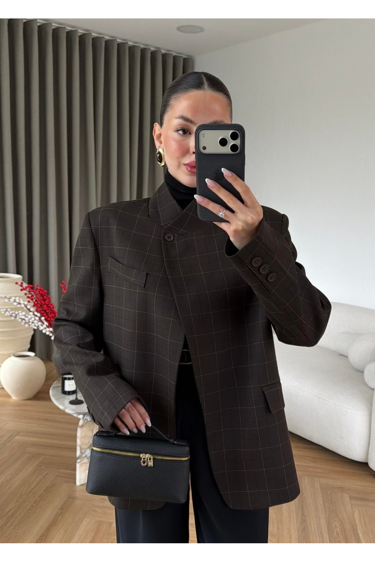 My Blog  Kahverengi Dik Yakalı Ekose Ceket - 4103 - Görsel 4