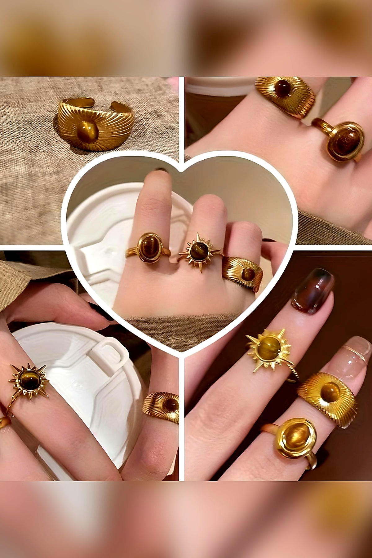 The Collection 3'lü Kombin Kahverengi Taşlı Gold Vintage Ayarlanabilir Yüzük Set görsel 3